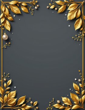 A vertical holiday frame with gold leaves and metallic accents along the edges while the center rema
