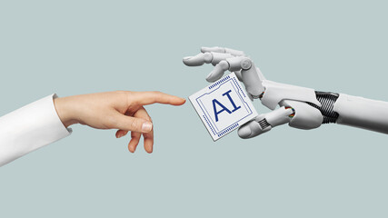 White cyborg robotic hand holds ai technology in his finger and a human hand extends its finger for it - 3D rendering isolated on flat design background.