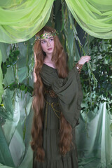 An elven story. A girl with long hair in a magical forest studio