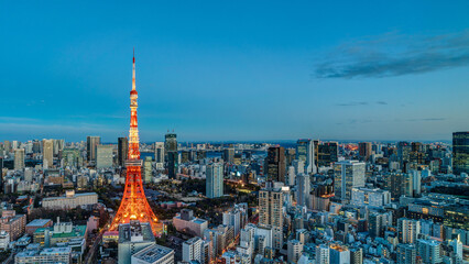 Panoramic night view of Tokyo Tower illuminated above the city skyline