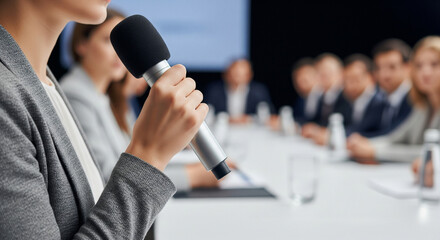 Businesswoman speaking into microphone at seminar with blurred copy space.