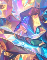 Close-up of iridescent crumpled foil, colorful light reflections