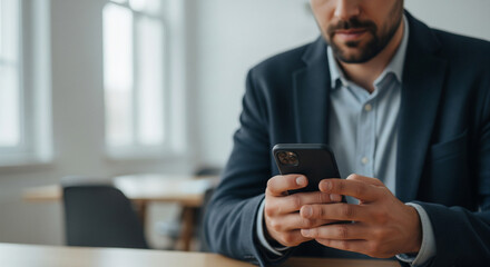 Businessman utilizing smartphone app in office with copy space on left.
