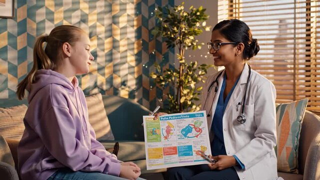 Medical professional explains health information to young patient seated on couch in modern interior room with patterned wall and window blinds