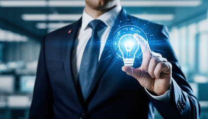 Innovation at Your Fingertips: A visionary entrepreneur in a tailored suit engages with a glowing, digital representation of an idea, a bright lightbulb signifying innovation and forward thinking.