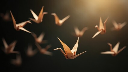 Fototapeta premium Origami cranes flying towards warm light in a dark background