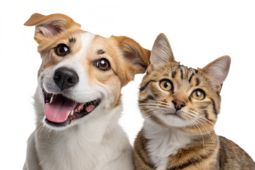 Portrait of a cheerful dog and cat sitting close together and looking directly at the camera, isolated on a transparent background.
