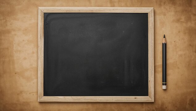 Black chalkboard on brown paper with copy space and pencil, suitable for educational or presentation backgrounds