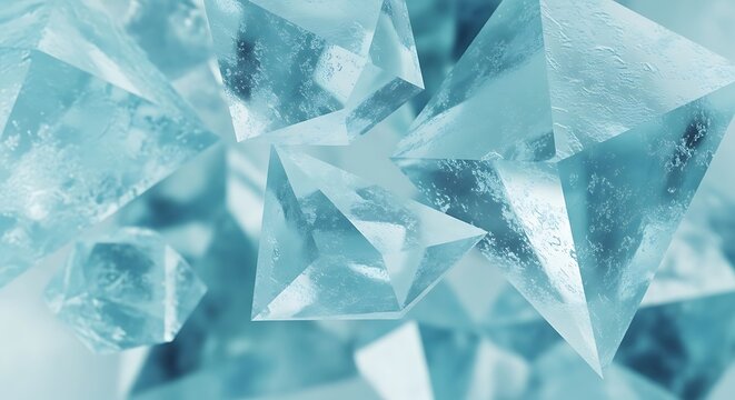 Close up abstract background of sharp, translucent blue ice crystals with internal bubbles and geometric facets in a cool, frosty texture
