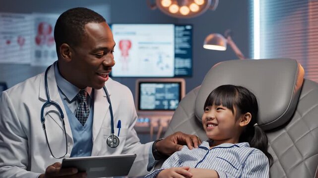 Medical professional interacts with young patient seated in examination chair within clinical setting Doctor holds tablet and places hand on childs shoulder Ambient lighting from overhead surgical lam