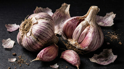 Hyper-realistic animation rustic vegetables and nuts on dark background red cabbage half cut spiral pattern macro detail version b