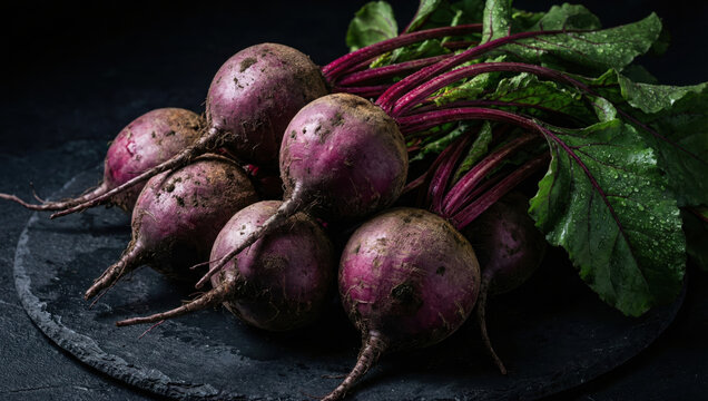 Hyper-realistic animation rustic vegetables and nuts on dark background fresh organic beets with leaves on dark stone