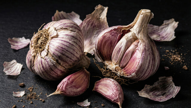 Hyper-realistic animation rustic vegetables and nuts on dark background red cabbage half cut spiral pattern macro detail version b
