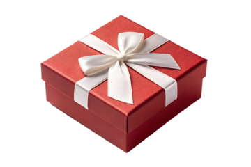 Red Christmas gift box with white ribbon bow, isolated on transparent background, clean edges, soft realistic shadow, high-resolution PNG, minimal festive style, product render, studio lighting.