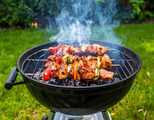 Close-up of kebabs grilling over hot coals in a backyard setting