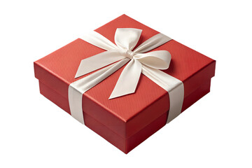 Obraz premium Red Christmas gift box with white ribbon bow, isolated on transparent background, clean edges, soft realistic shadow, high-resolution PNG, minimal festive style, product render, studio lighting.