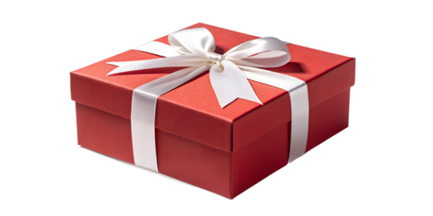 Red Christmas gift box with white ribbon bow, isolated on transparent background, clean edges, soft realistic shadow, high-resolution PNG, minimal festive style, product render, studio lighting.