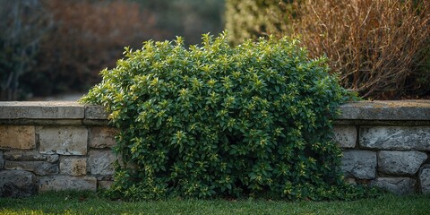 Cotoneaster procumbens Queen of Carpets trailing over a garden wall, ground cover for landscape design, Earth Day