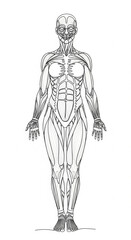 Fototapeta premium Female anatomy of muscles and tendons, detailed structure, high detail, isolated on white background. Drawing in one line art style