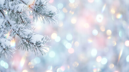 Snowy Pine Branches with Pastel Bokeh Lights on Left Side