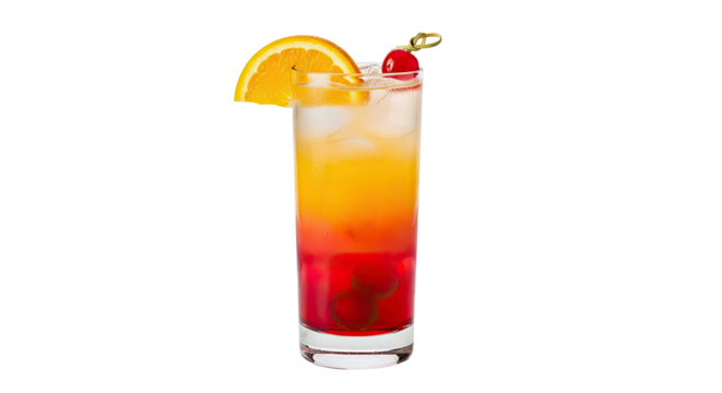 Vermouth Cocktail with Maraschino Cherries and Orange Garnish on White Background