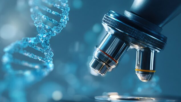 A microscope is focused on a strand of DNA
