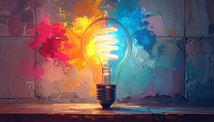 Light bulb with colorful paint background.