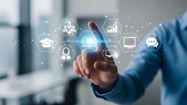 Hand touching digital icons for education and technology on screen learning - Powered by Adobe