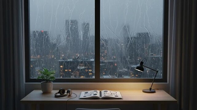 Tranquil rain ambience in a minimalist office space animation loop
