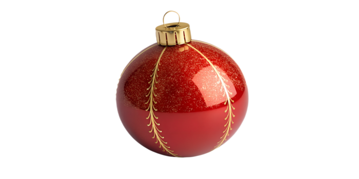 Christmas ball ornament isolated on transparent background, glossy red sphere with golden cap, clean edges, soft realistic shadow, high-resolution product render, minimal festive style, PNG format, pr
