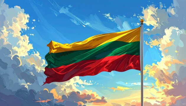 Lithuanian flag waving in a sunny sky.