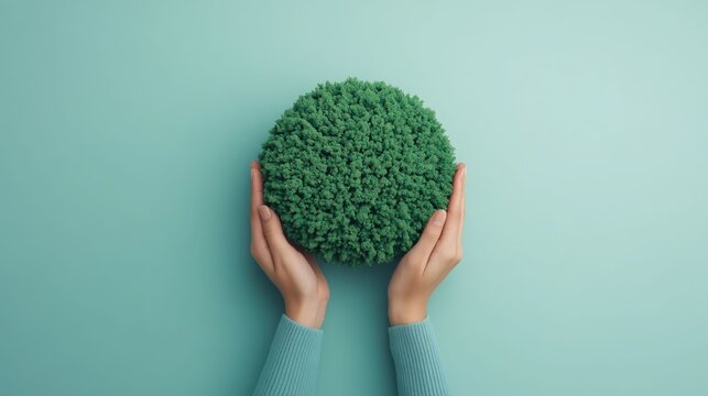 Hands gently holding a puzzle piece in the shape of the Earth surrounded by lush green trees and vast blue oceans