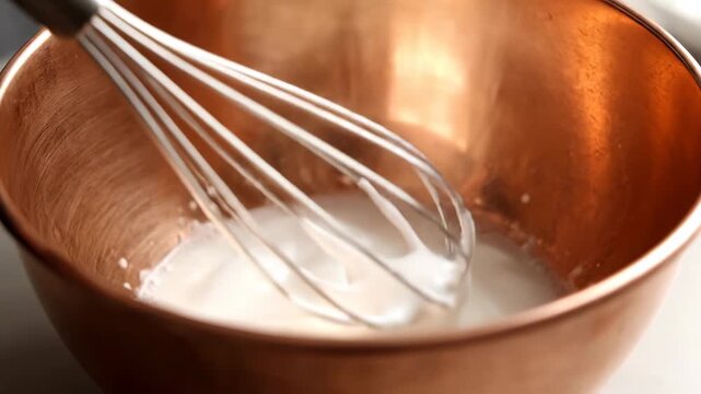 Mixing clear liquid with a metal whisk in a copper bowl indoors