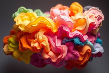 A vivid abstract 3D sculpture with wave-like shapes in a gradient of pink, orange, and yellow tones on a dark background
