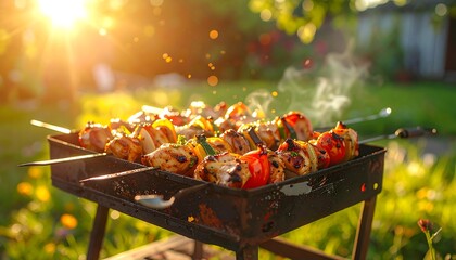 Close-up of grilled skewers with vegetables on a barbecue in a sunny garden. Steam rises with a blurred background