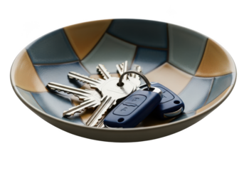 Keys and car remote in decorative bowl home organization key holder keyring accessory isolated on transparent background