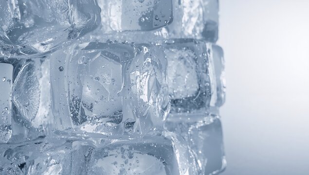 Close-up of ice cubes as background texture for text layout or UI design, emphasizing cold storage or refrigeration efficiency