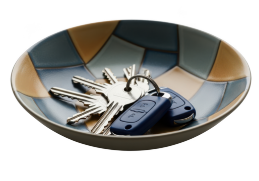 Keys and car remote in decorative bowl home organization key holder keyring accessory isolated on transparent background