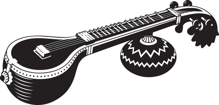 Elegant black and white vector design of a traditional Veena, an iconic symbol of Indian Carnatic music and culture