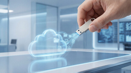 Fototapeta premium Hand Inserting USB Flash Drive into a Holographic Cloud with Files Copying