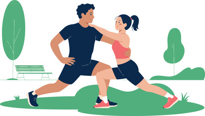 Couple doing stretching exercises together in a park to improve their health and fitness cartoon vector illustration