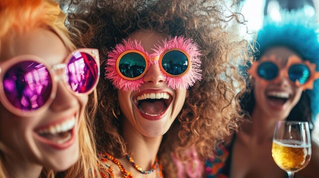 A group of friends dressed in vibrant whimsical costumes enjoying a lively themed costume party their faces alight with joy laughter and - Powered by Adobe