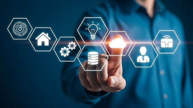 Person Touching Digital Icons Representing Smart Home And Cloud Technology cloud computing