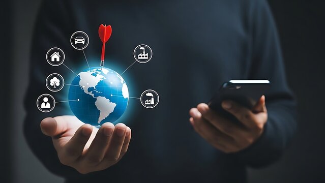 Person Holding Earth with Icons and Dart Representing Global Connectivity technology