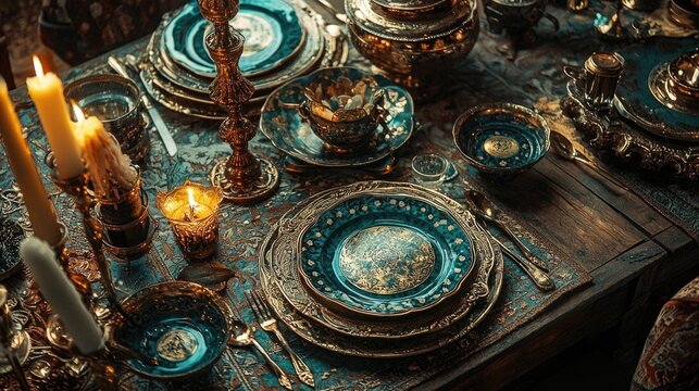 Opulent Candlelit Gourmet Dinner Party Setting with Ornate Tableware Plates and Decor Elements Showcasing a Luxurious and Sophisticated Dining Experience