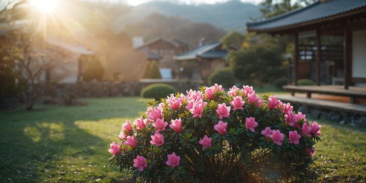 A sun-loving plant front yard garden with vibrant flowers and lush greenery, emphasizing landscaping design