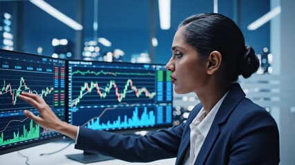 Person analyzing financial data on multiple computer monitors in a modern office with cityscape view at night - Powered by Adobe