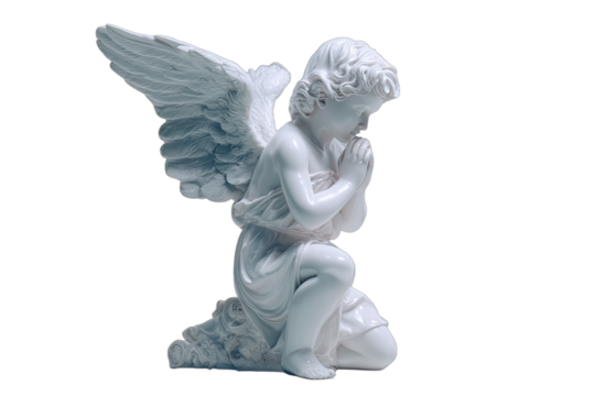 A white statue of an angel kneeling with hands clasped in prayer on a dark background