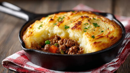 Classic shepherd's pie with beef and vegetables in a skillet