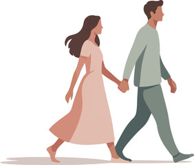 Couple in Love Holding Hands and Walking Together Flat Vector Illustration with Romantic Moment, Relations, and Friendship in Street Style